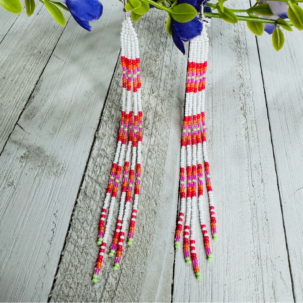 Long Seed Beaded Earrings Native American Themed Beaded Jewelry 6" Long Handmade